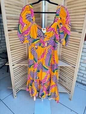 FARM Rio Macaws Yellow Pink Purple Printed Puff-Sleeve Midi Maxi Dress